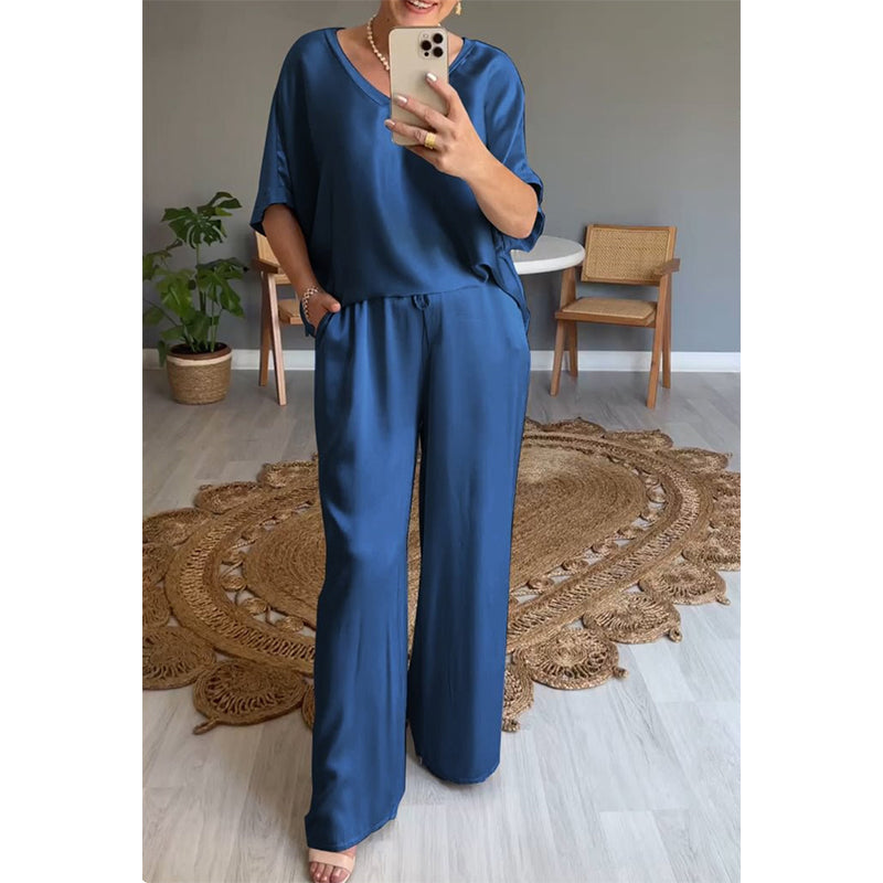 Kavryne - Ensemble femme coupe ample taille élastique style satiné élégant