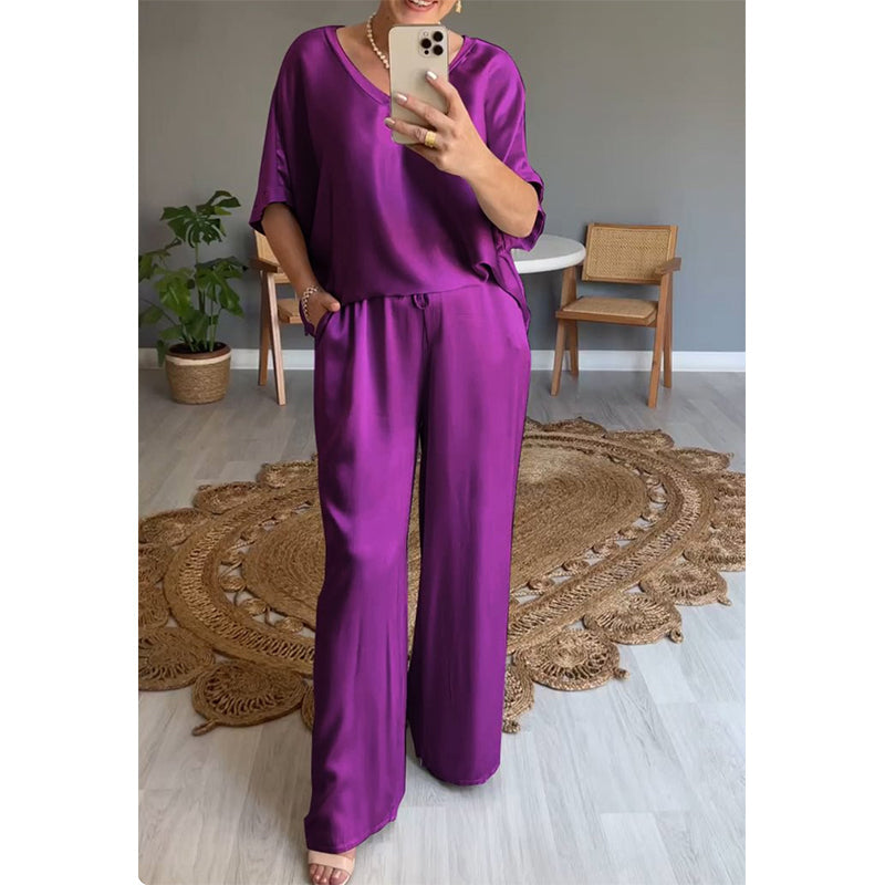 Kavryne - Ensemble femme coupe ample taille élastique style satiné élégant