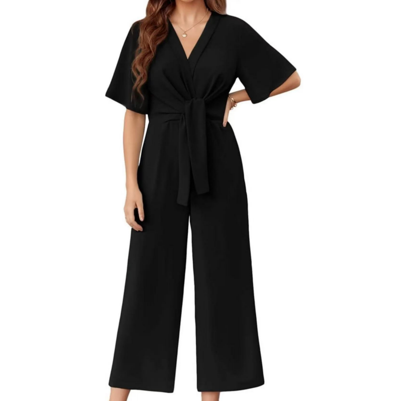 Sylenna - Combinaison femme à col V et jambes larges avec ceinture