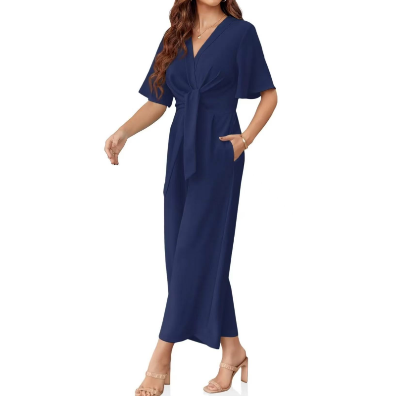 Sylenna - Combinaison femme à col V et jambes larges avec ceinture