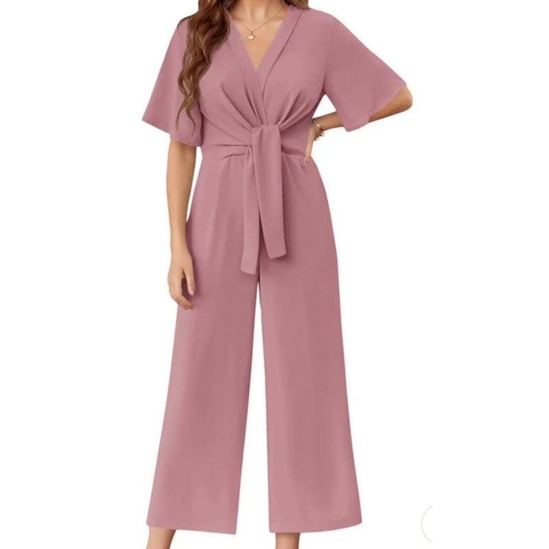 Sylenna - Combinaison femme à col V et jambes larges avec ceinture