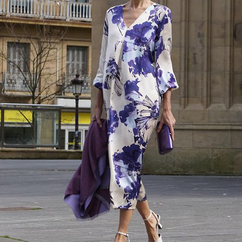 Ariadne - Robe Longue Élégante à Imprimé et Col en V pour Femme