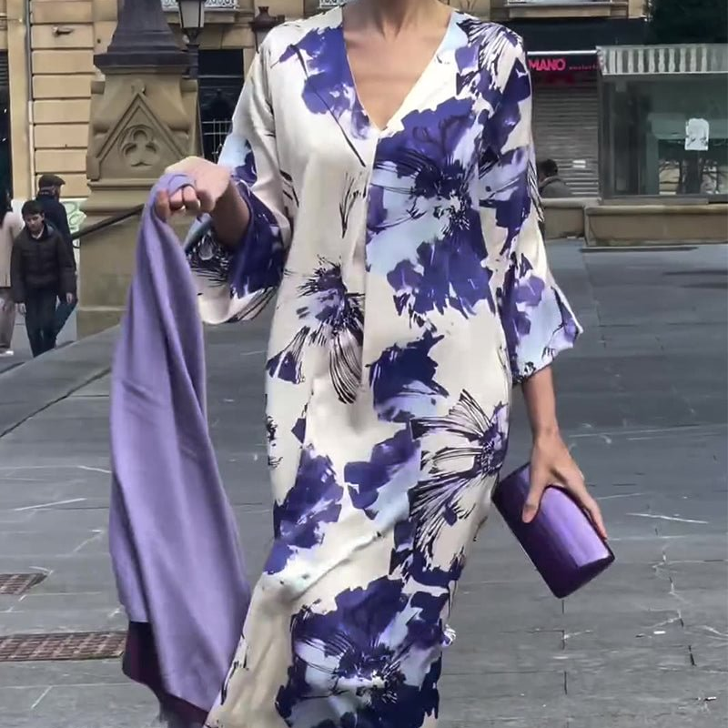 Ariadne - Robe Longue Élégante à Imprimé et Col en V pour Femme