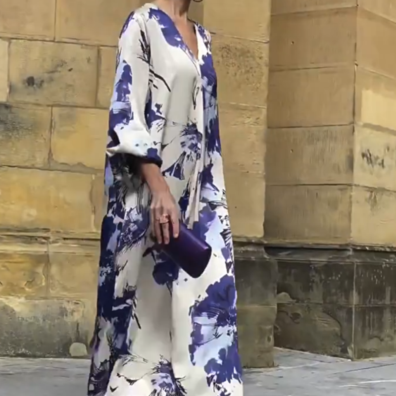 Ariadne - Robe Longue Élégante à Imprimé et Col en V pour Femme