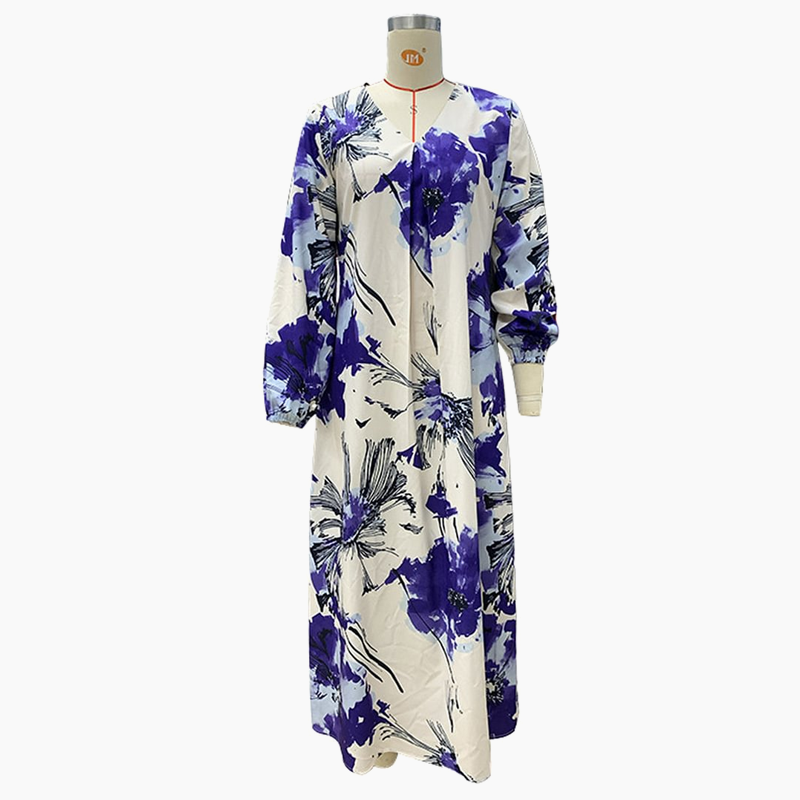 Ariadne - Robe Longue Élégante à Imprimé et Col en V pour Femme