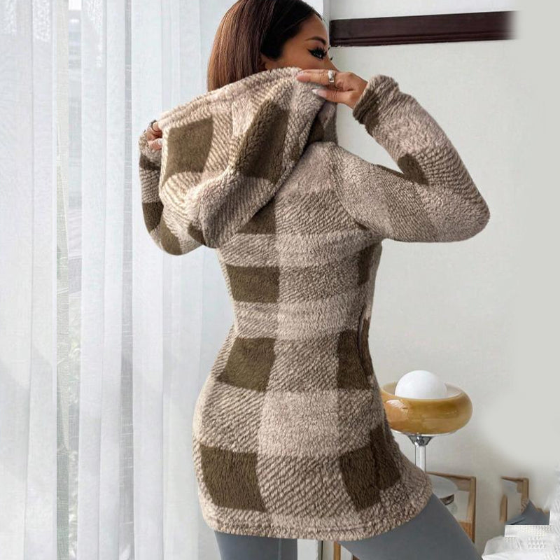 Doralisse - Veste Longue à Carreaux avec Capuche