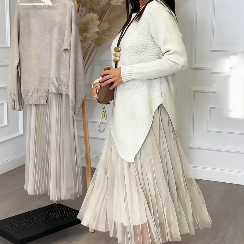 Evelyara - Ensemble Pull Asymétrique et Robe Midi Plissée