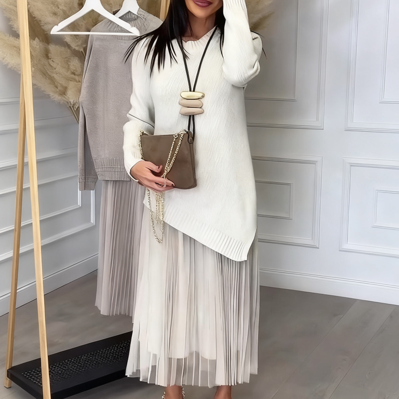 Evelyara - Ensemble Pull Asymétrique et Robe Midi Plissée