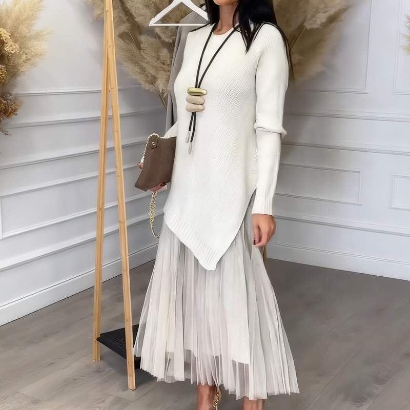 Evelyara - Ensemble Pull Asymétrique et Robe Midi Plissée