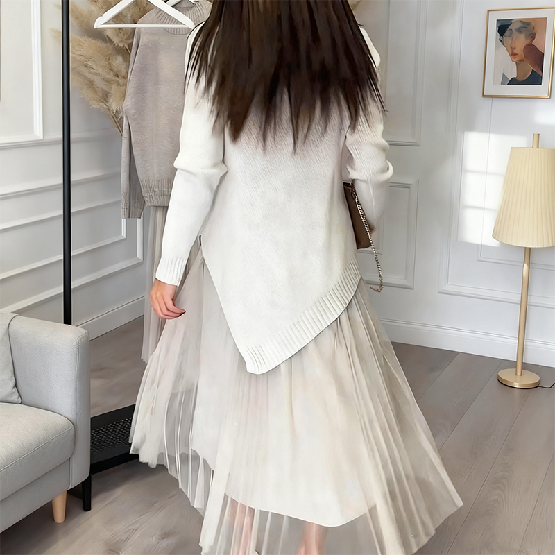 Evelyara - Ensemble Pull Asymétrique et Robe Midi Plissée