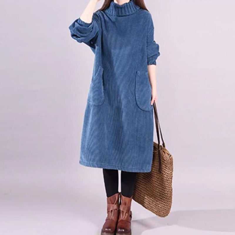 Lunavellia - Robe Longue en Velours Côtelé à Col Haut pour Femmes