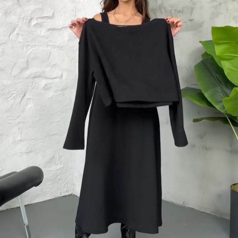Kalissavine -  Ensemble Tricoté Deux Pièces Femme – Robe Midi & Top Court Élégant