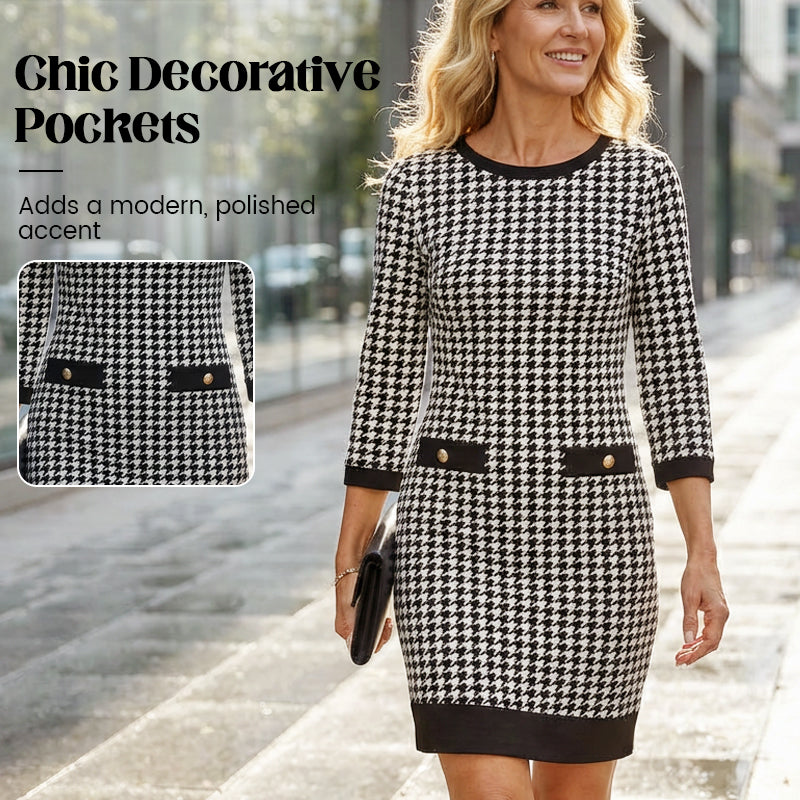 Olyra - Robe Midi Houndstooth Col Rond Élégante