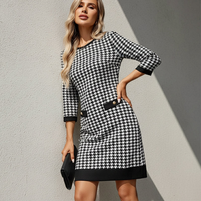 Olyra - Robe Midi Houndstooth Col Rond Élégante