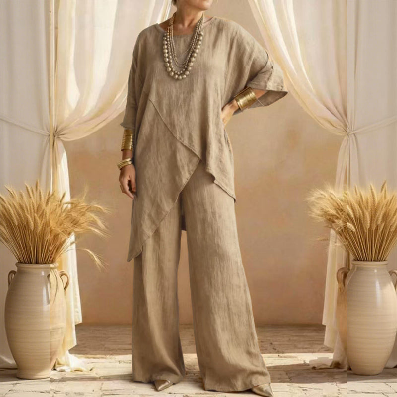Eliune - Ensemble Femme Deux Pièces Haut Asymétrique et Pantalon Large Fluide