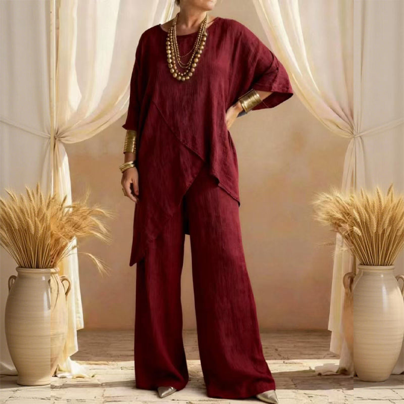Eliune - Ensemble Femme Deux Pièces Haut Asymétrique et Pantalon Large Fluide