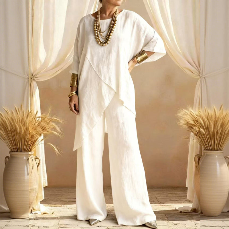Eliune - Ensemble Femme Deux Pièces Haut Asymétrique et Pantalon Large Fluide