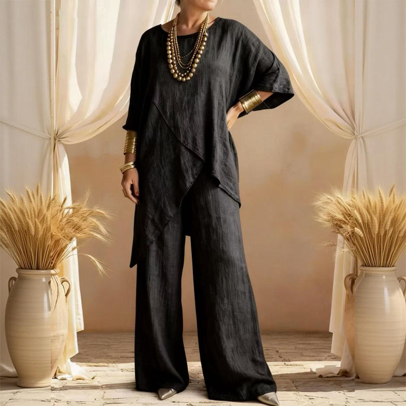 Eliune - Ensemble Femme Deux Pièces Haut Asymétrique et Pantalon Large Fluide