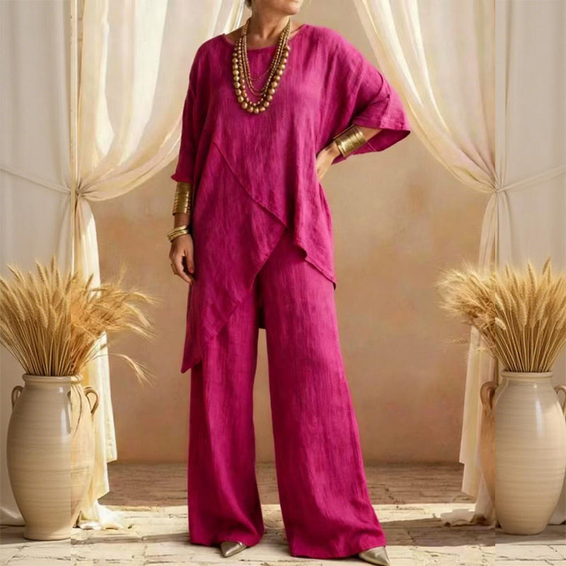 Eliune - Ensemble Femme Deux Pièces Haut Asymétrique et Pantalon Large Fluide