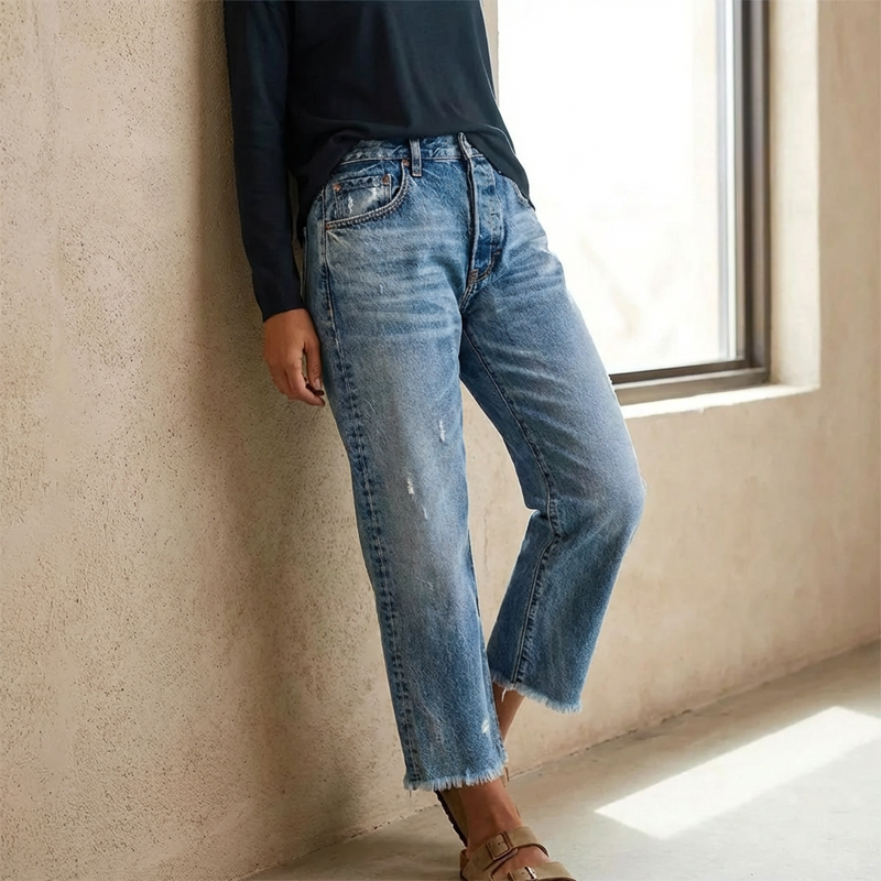 Cazira - Jean Femme Coupe Droite Cropped Denim Confort Moderne