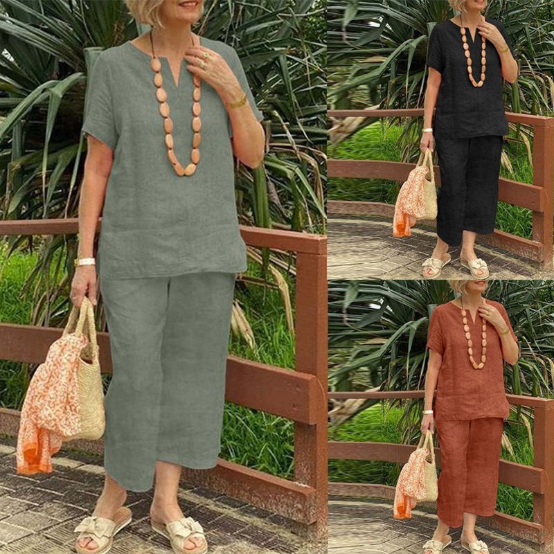 Glynia - Ensemble Femme Coton Lin Deux Pièces Col V et Pantalon Fluide