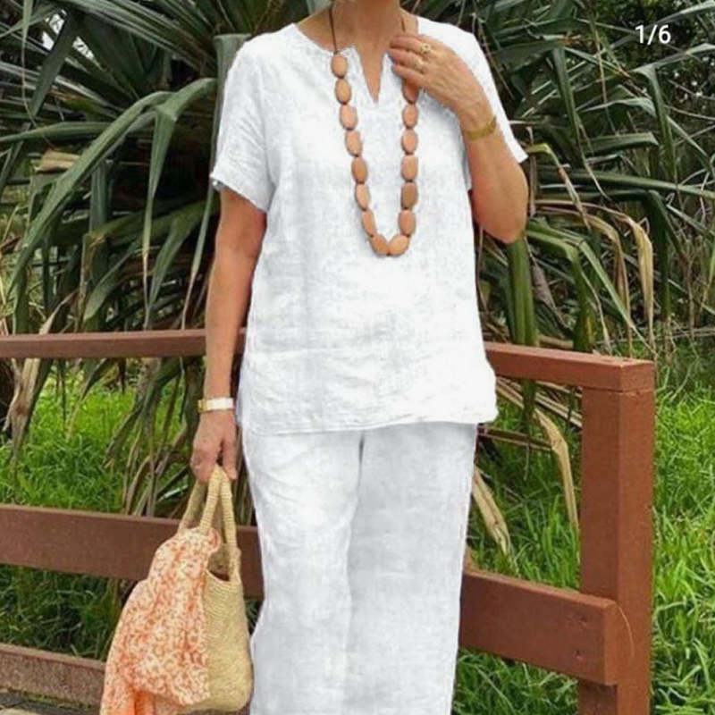 Glynia - Ensemble Femme Coton Lin Deux Pièces Col V et Pantalon Fluide