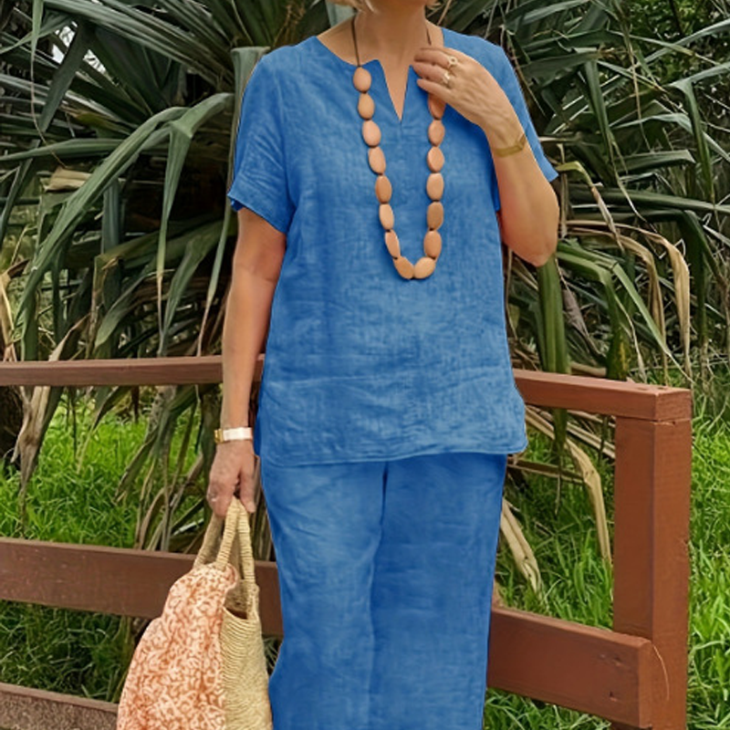 Glynia - Ensemble Femme Coton Lin Deux Pièces Col V et Pantalon Fluide