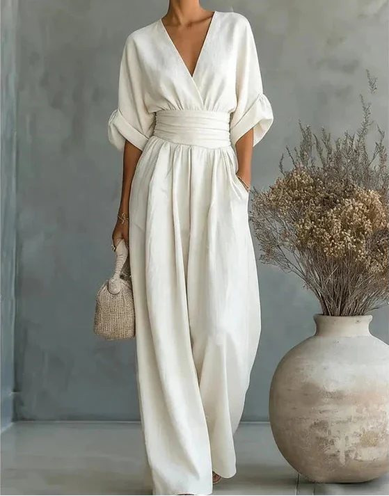 Avelissea - Combinaison femme à col V et pantalon large fluide