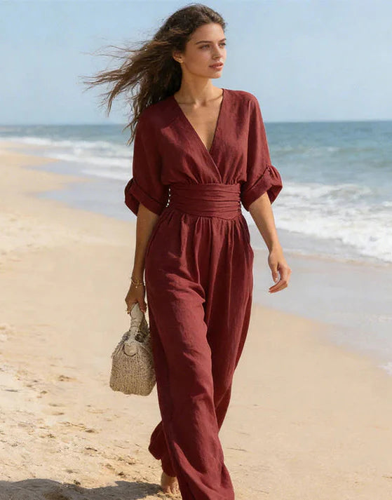 Avelissea - Combinaison femme à col V et pantalon large fluide