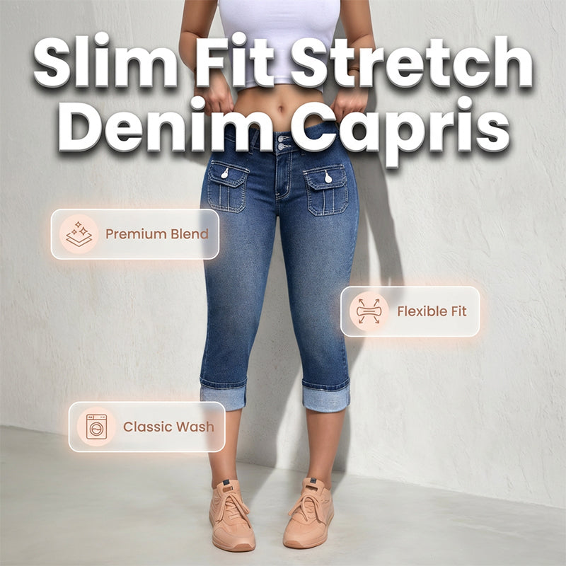 Hovelle - Pantalon Femme Capri Denim Stretch Coupe Ajustée Taille Mi Haute
