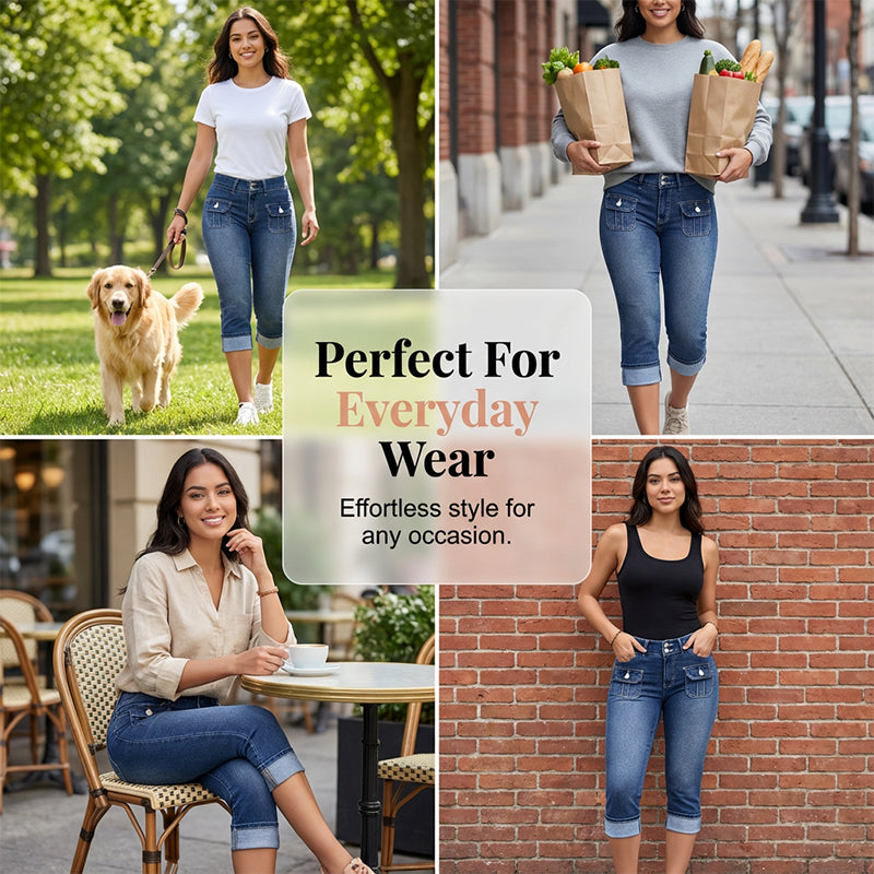 Hovelle - Pantalon Femme Capri Denim Stretch Coupe Ajustée Taille Mi Haute