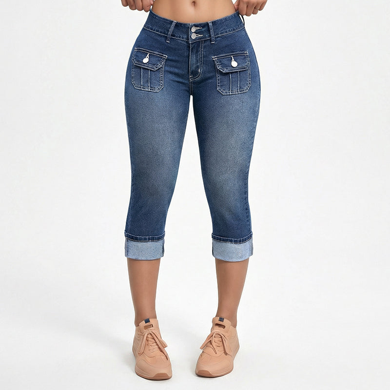 Hovelle - Pantalon Femme Capri Denim Stretch Coupe Ajustée Taille Mi Haute
