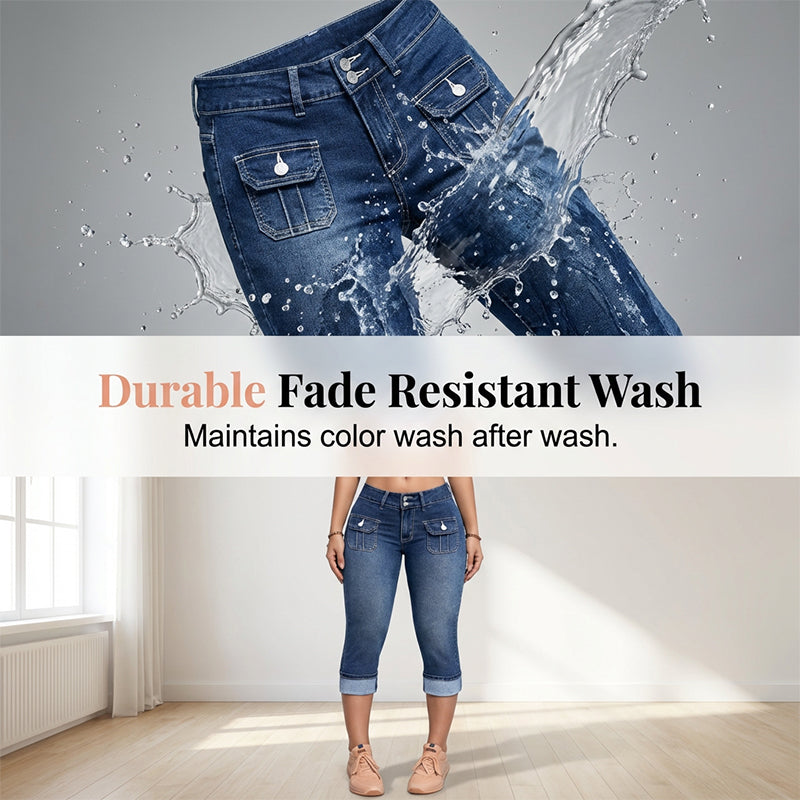 Hovelle - Pantalon Femme Capri Denim Stretch Coupe Ajustée Taille Mi Haute