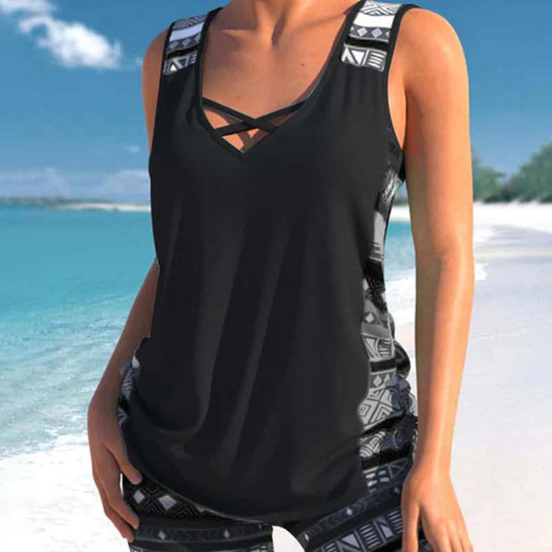 Tovienne - Tankini femme deux pièces col V shorts imprimé géométrique