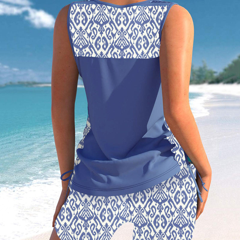 Tovienne - Tankini femme deux pièces col V shorts imprimé géométrique