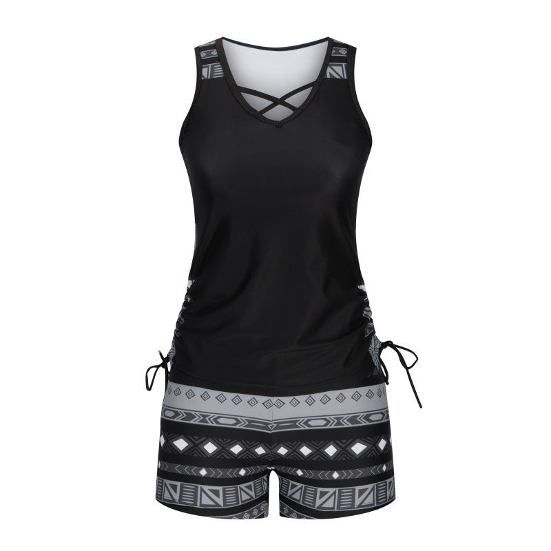 Tovienne - Tankini femme deux pièces col V shorts imprimé géométrique