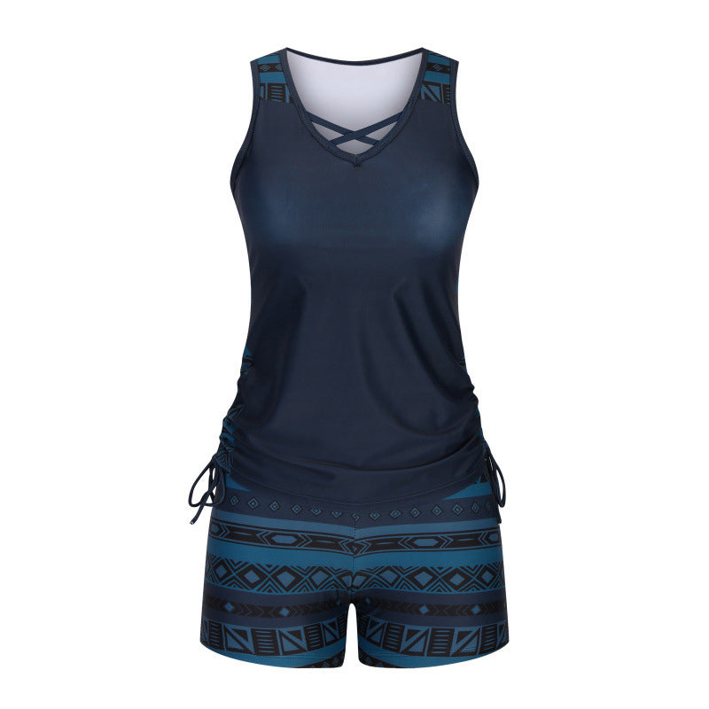 Tovienne - Tankini femme deux pièces col V shorts imprimé géométrique