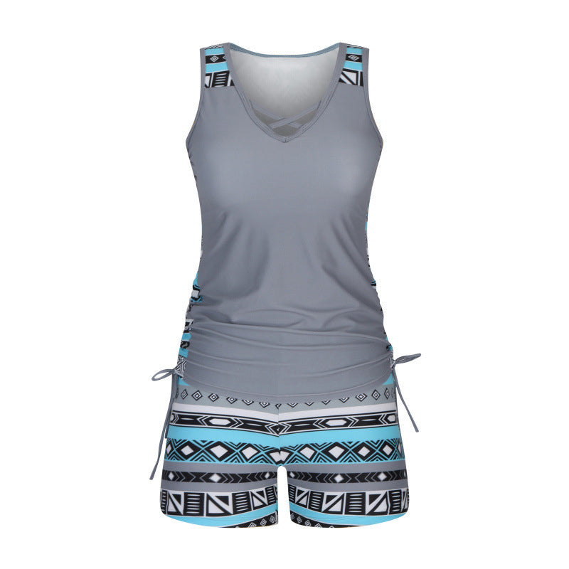 Tovienne - Tankini femme deux pièces col V shorts imprimé géométrique