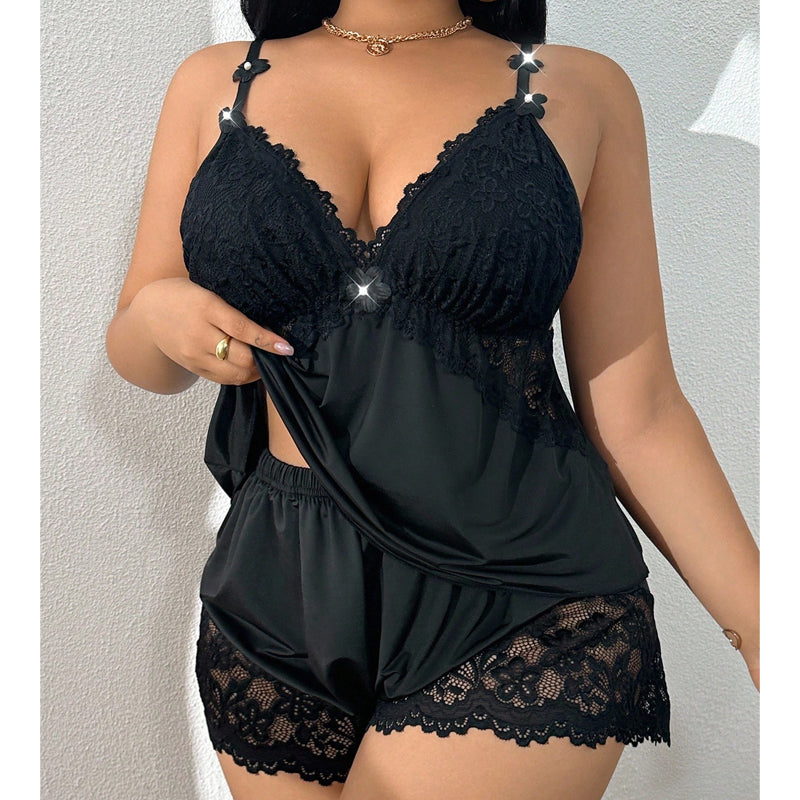 Kirexa - Ensemble de pyjama en dentelle femme top à bretelles et short fluide élégant