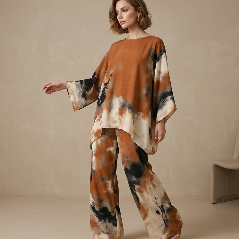 Falvynna - Ensemble femme deux pièces imprimé abstrait tunic oversize pantalon large