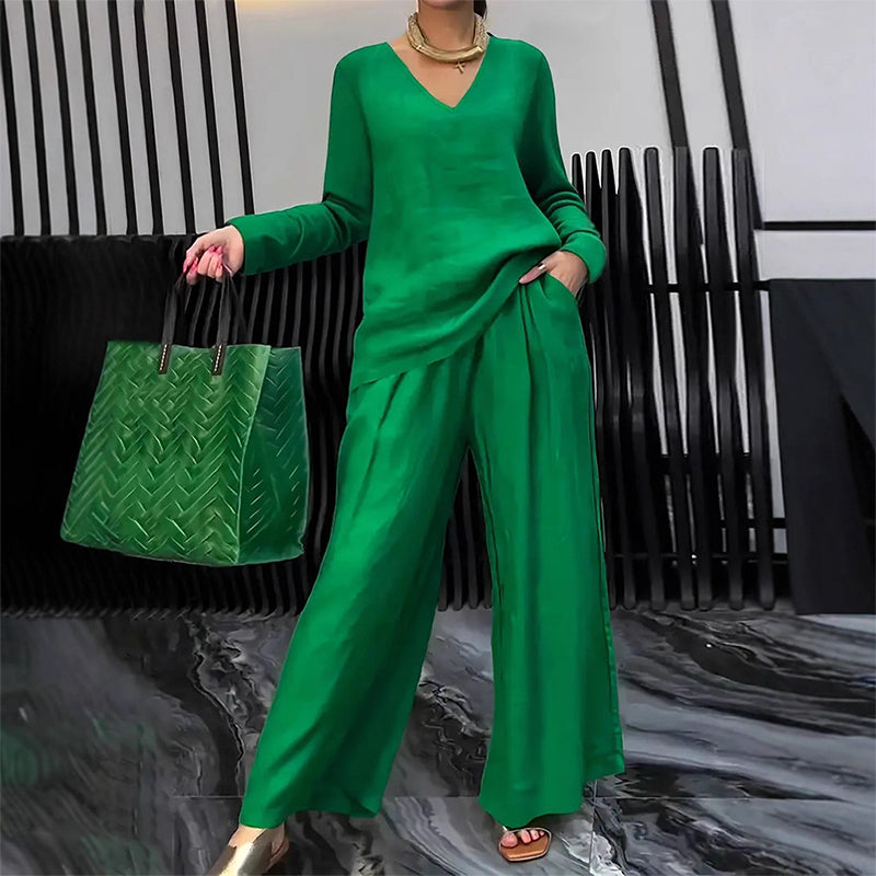 Sovalyne - Ensemble femme décontracté à col en V et pantalon large fluide