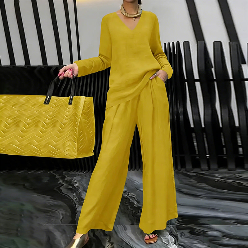 Sovalyne - Ensemble femme décontracté à col en V et pantalon large fluide