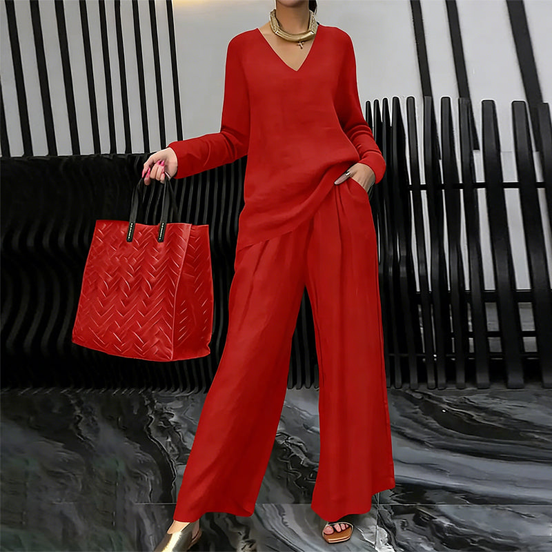 Sovalyne - Ensemble femme décontracté à col en V et pantalon large fluide