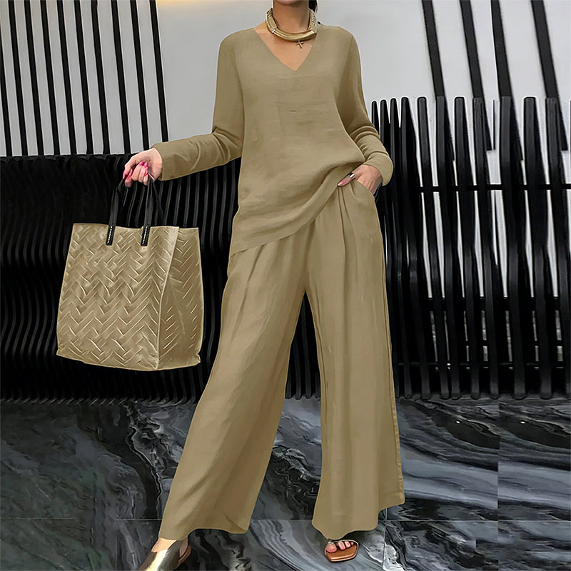Sovalyne - Ensemble femme décontracté à col en V et pantalon large fluide