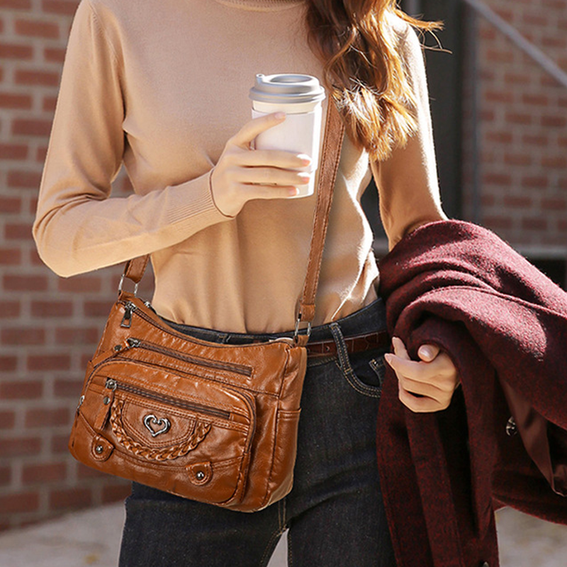 Quixelle - Sac bandoulière femme en cuir PU souple avec multiples poches