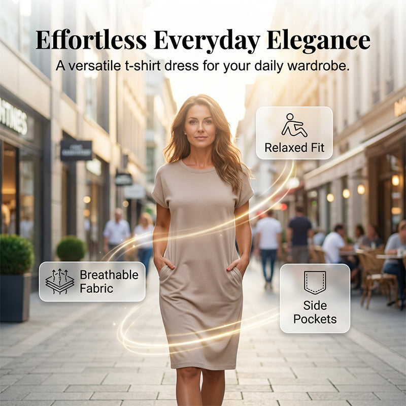 Tyverissa - Robe femme t-shirt midi décontractée avec poches latérales