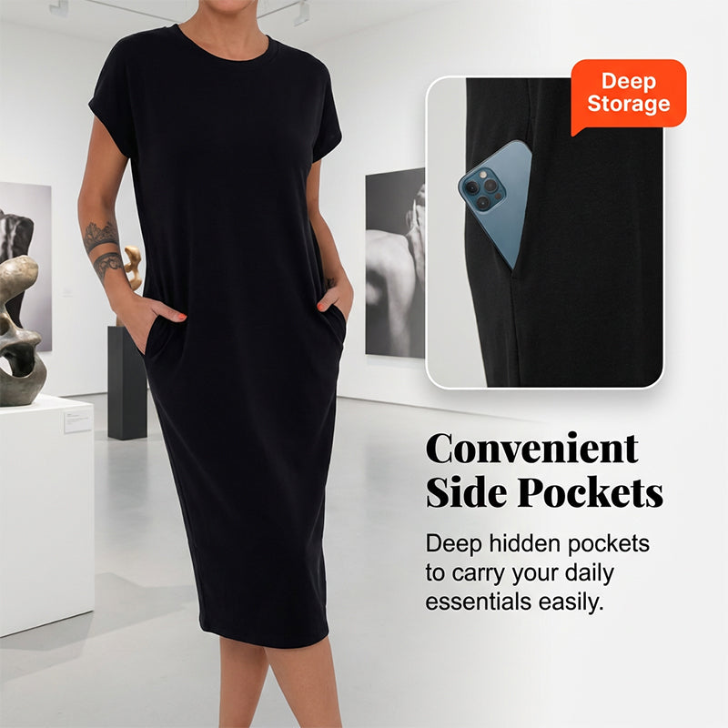 Tyverissa - Robe femme t-shirt midi décontractée avec poches latérales