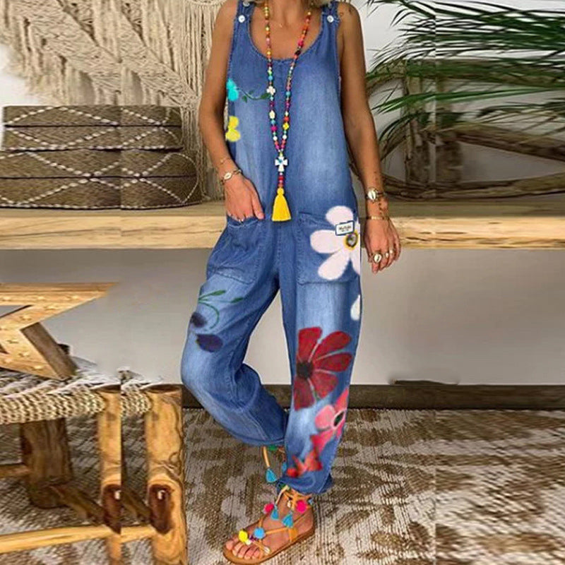 Jovalythra - Combinaison Denim Fleurie Décontractée à Coupe Ample Femme