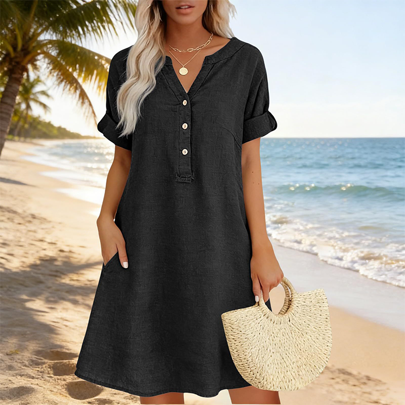 Fynessa - Robe tunique femme en coton avec décolleté en V et poches