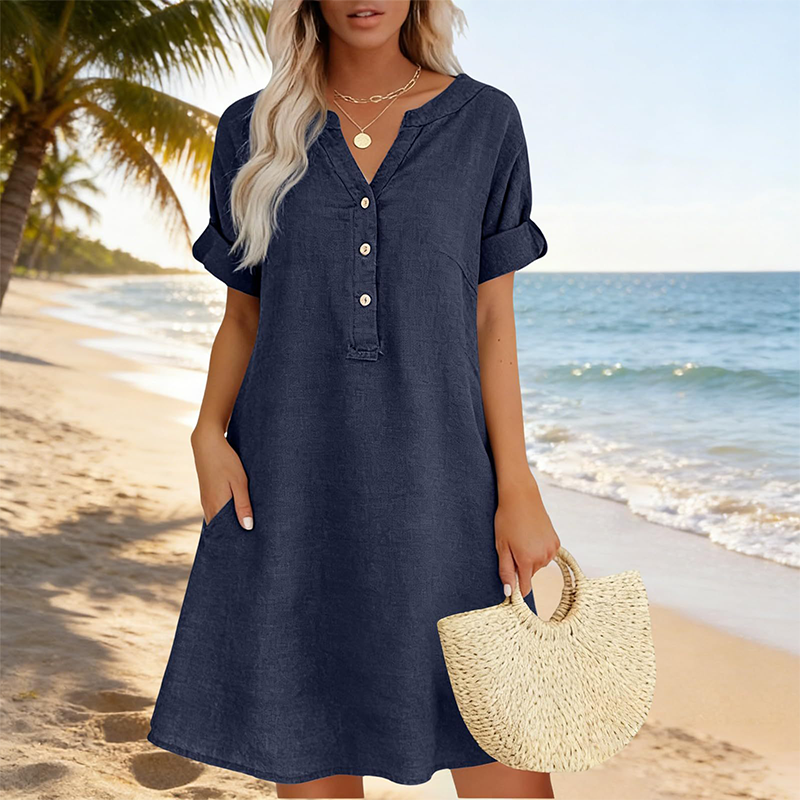 Fynessa - Robe tunique femme en coton avec décolleté en V et poches